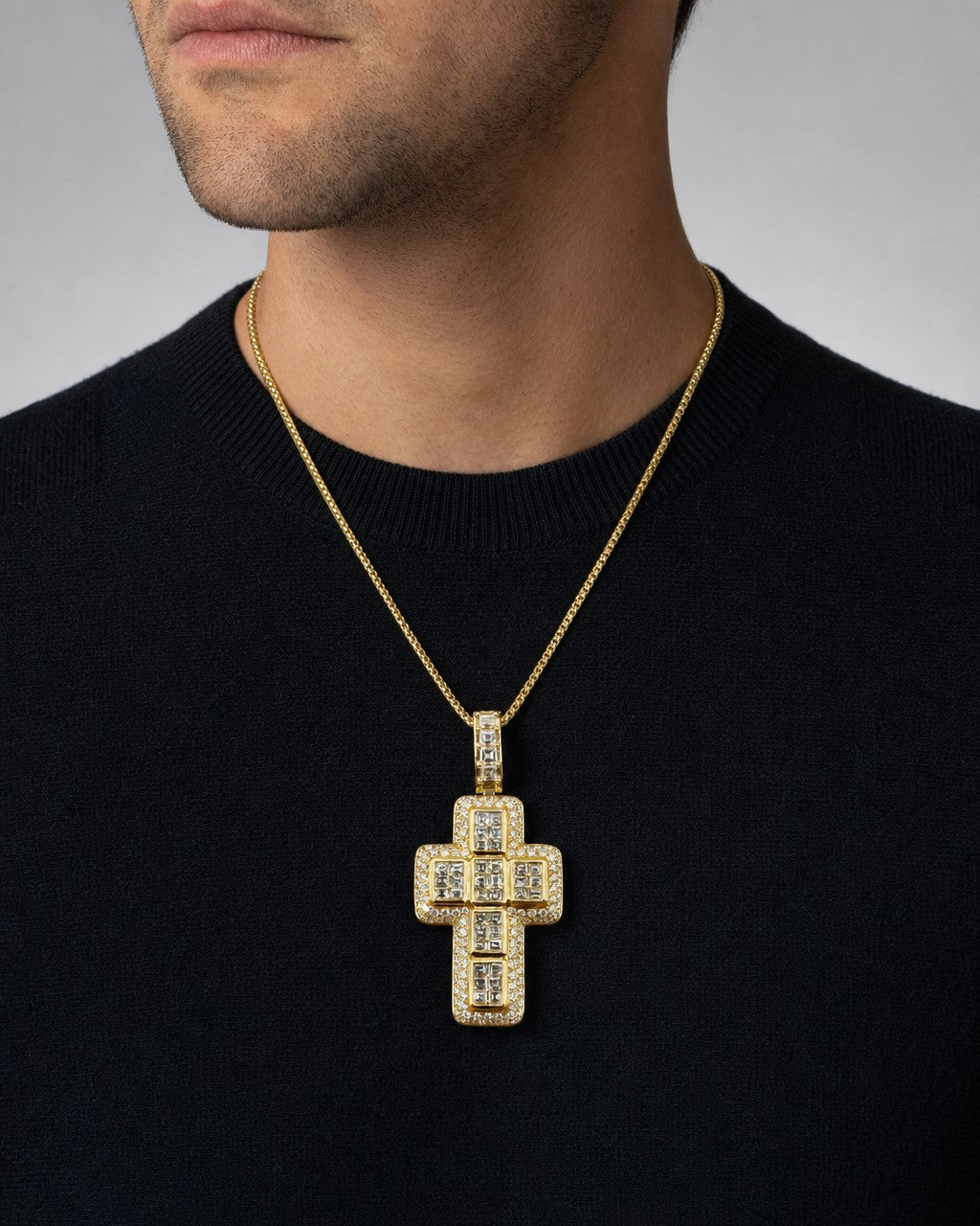Male model wearing 14k Robust Diamond Cross Pendant