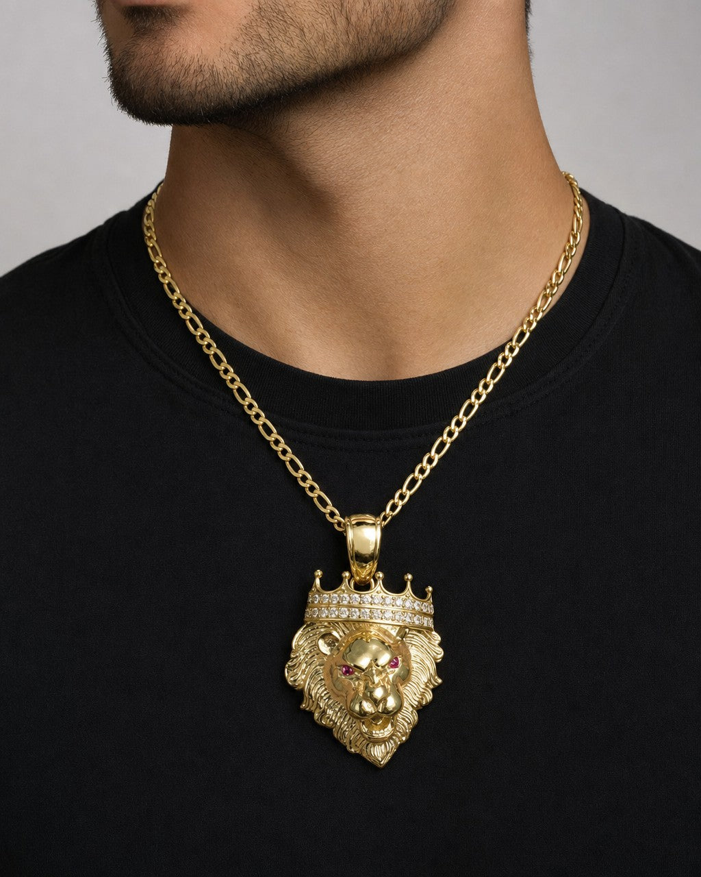 Male model wearing 10k Gold Lion Head Pendant