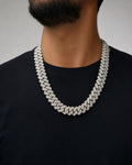 Male model wearing 14k 16.5mm Jumbo White Gold and Diamond Cuban Link Chain
