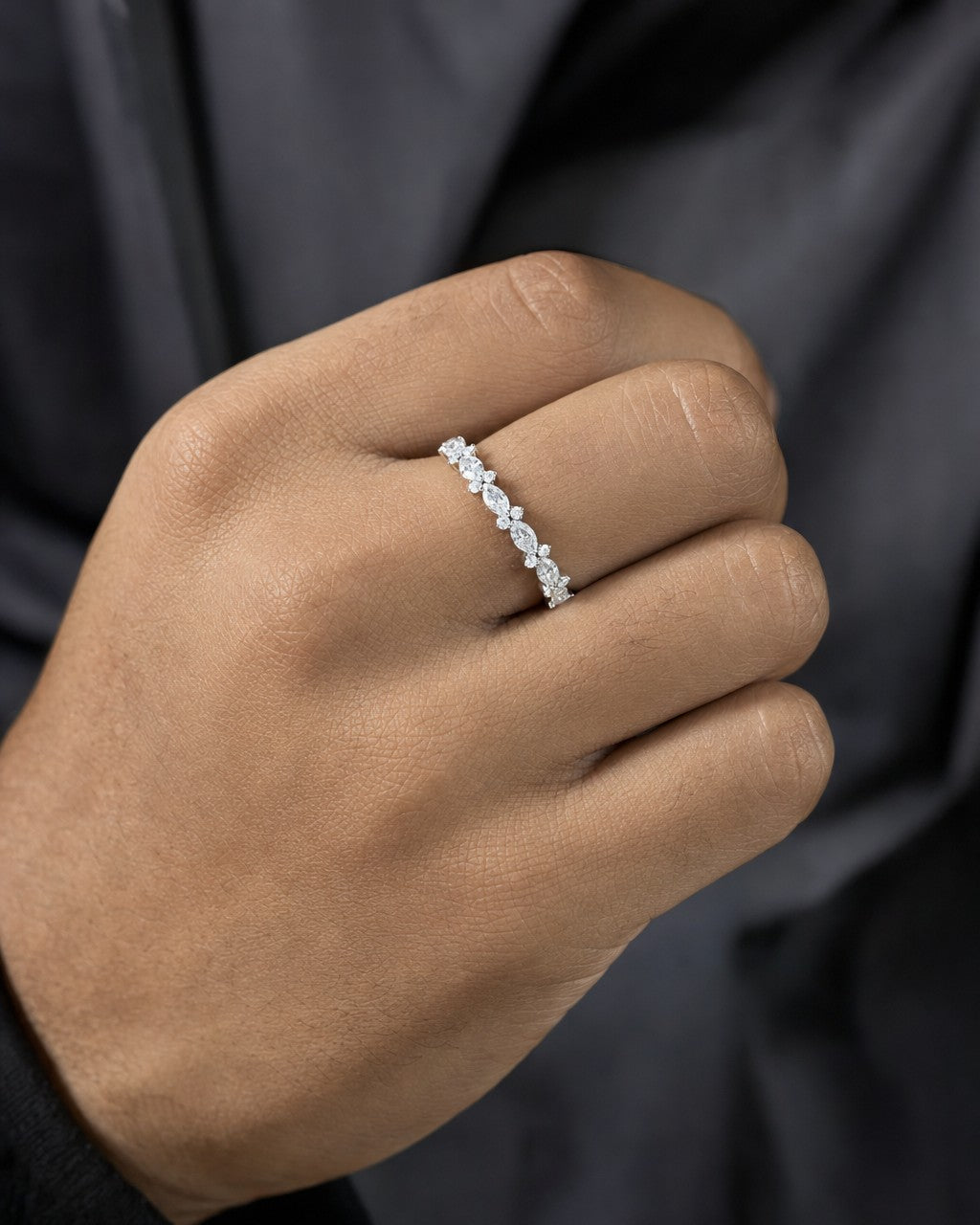 Male model wearing 14k Marquis Lab Diamond Ring Band