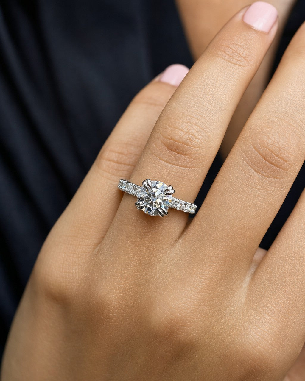 Female model wearing 14k Elegant Round Lab Diamond Engagement Ring