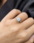Female model wearing 14k Circle Stone Lab Diamond Engagement Ring