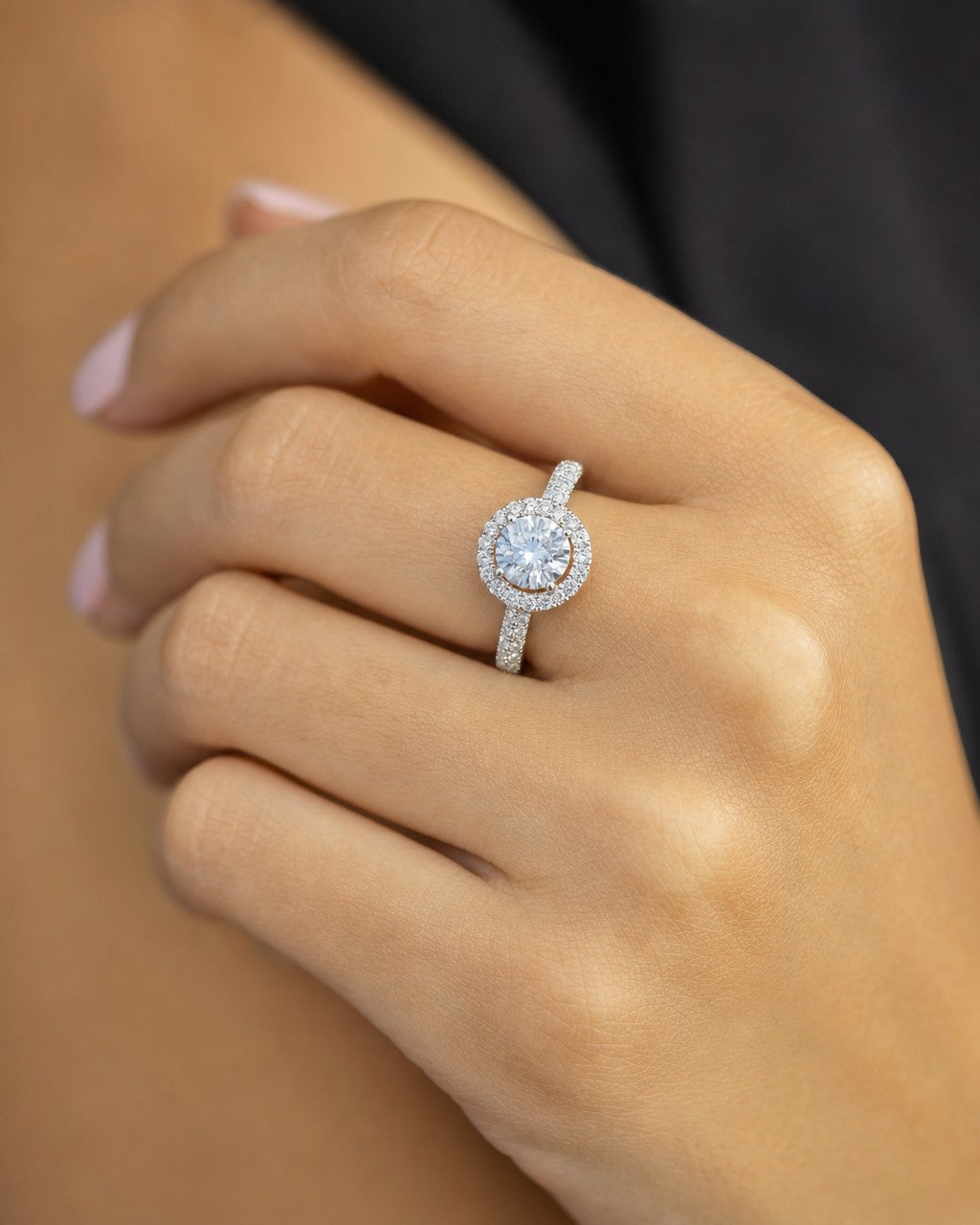 Female model wearing 14k Circle Cut Halo Lab Diamond Engagement Ring