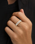 Male model wearing 14k Gold Pair Shaped Ring Band alternating Lab Diamonds