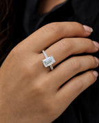 Female model wearing 14k Emarald Engagement Ring Lab Diamonds
