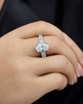 Female model wearing 14k Oval Center Radiant Band Lab Diamond Engagement Ring