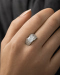 Female model wearing 14k Thick Radiant Cut Lab Center Engagement Ring