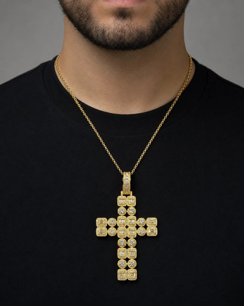 Male model wearing 10k Double Row Baguette Diamond Cross Pendant