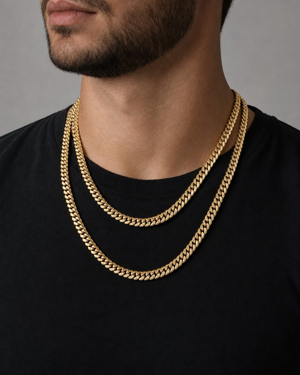 Male model wearing 14K 6.2MM Solid Miami Cuban Link Chain 24-26"