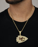 Male model wearing 10K Kansas City Chief Custom Pendant