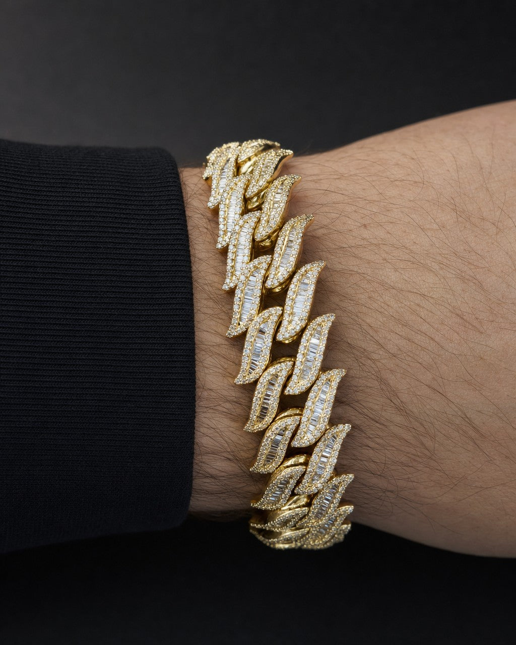 Male model wearing 14K Gold & Diamond Cuban bracelet 12mm