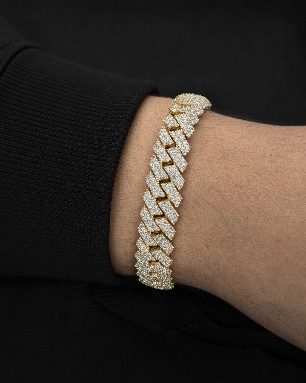 Male model wearing 14K gold & diamonds cuban link bracelet 15.5mm