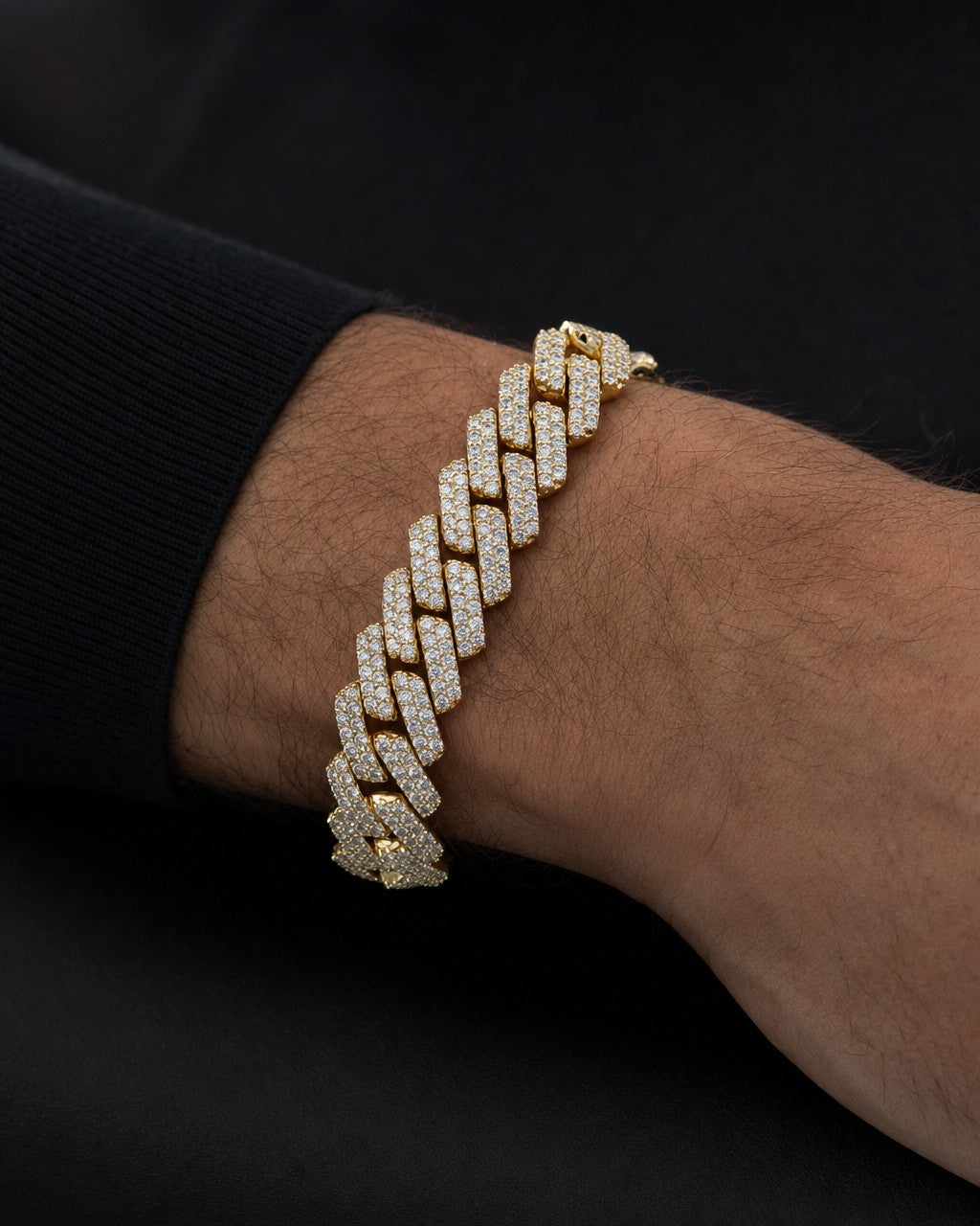Male model wearing 14 K gold & diamonds Cuban Link bracelet 12mm