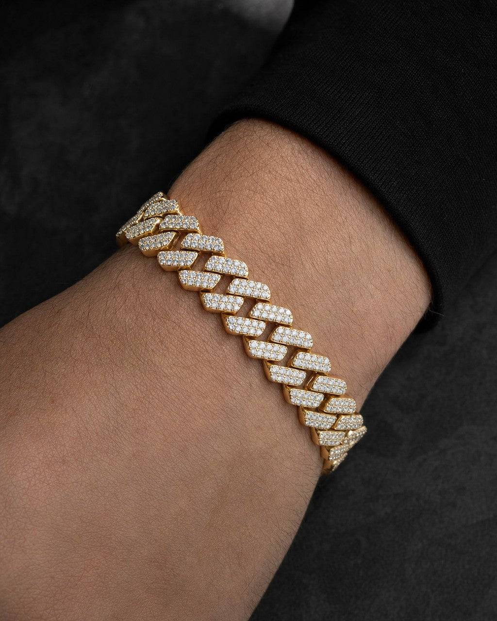 Male model wearing 14 K gold & diamonds Cuban link bracelet 12mm