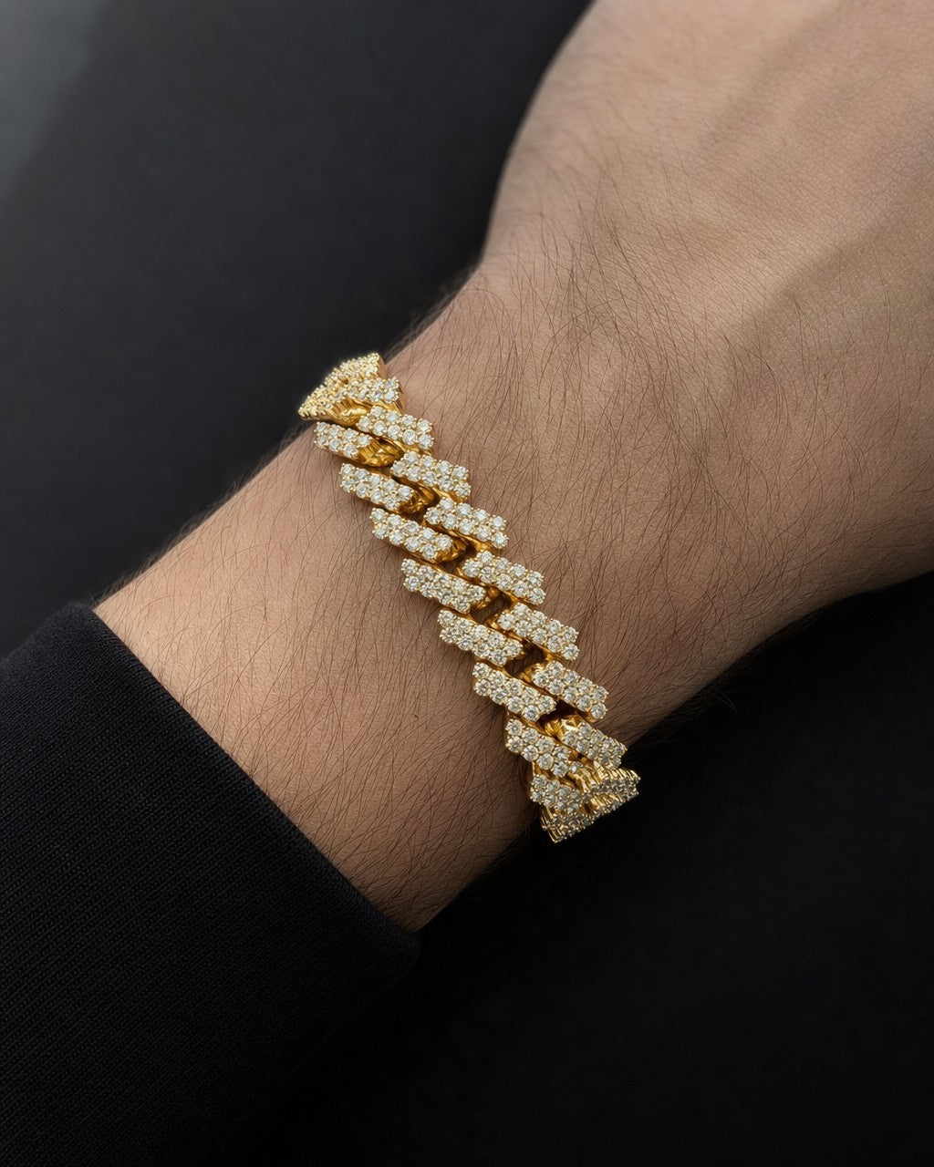 Male model wearing 14K gold & diamonds cuban link bracelet 13mm