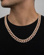 Male model wearing 10K Rose Gold & Diamonds Cuban Link Chain 14mm