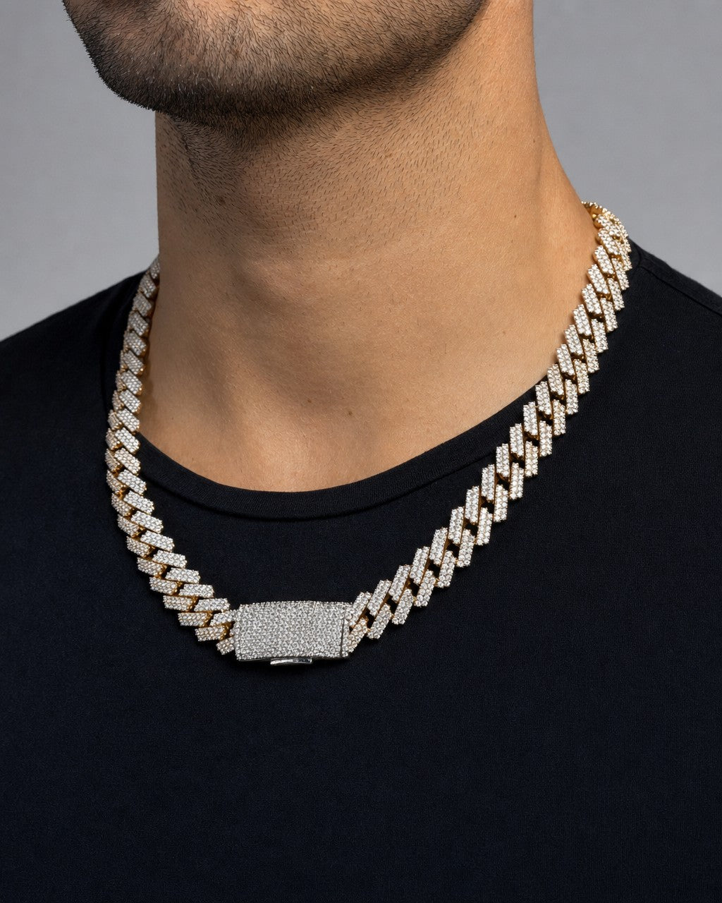 Male model wearing 14k Two-Tone Jumbo Diamond Cuban Chain 10.5mm