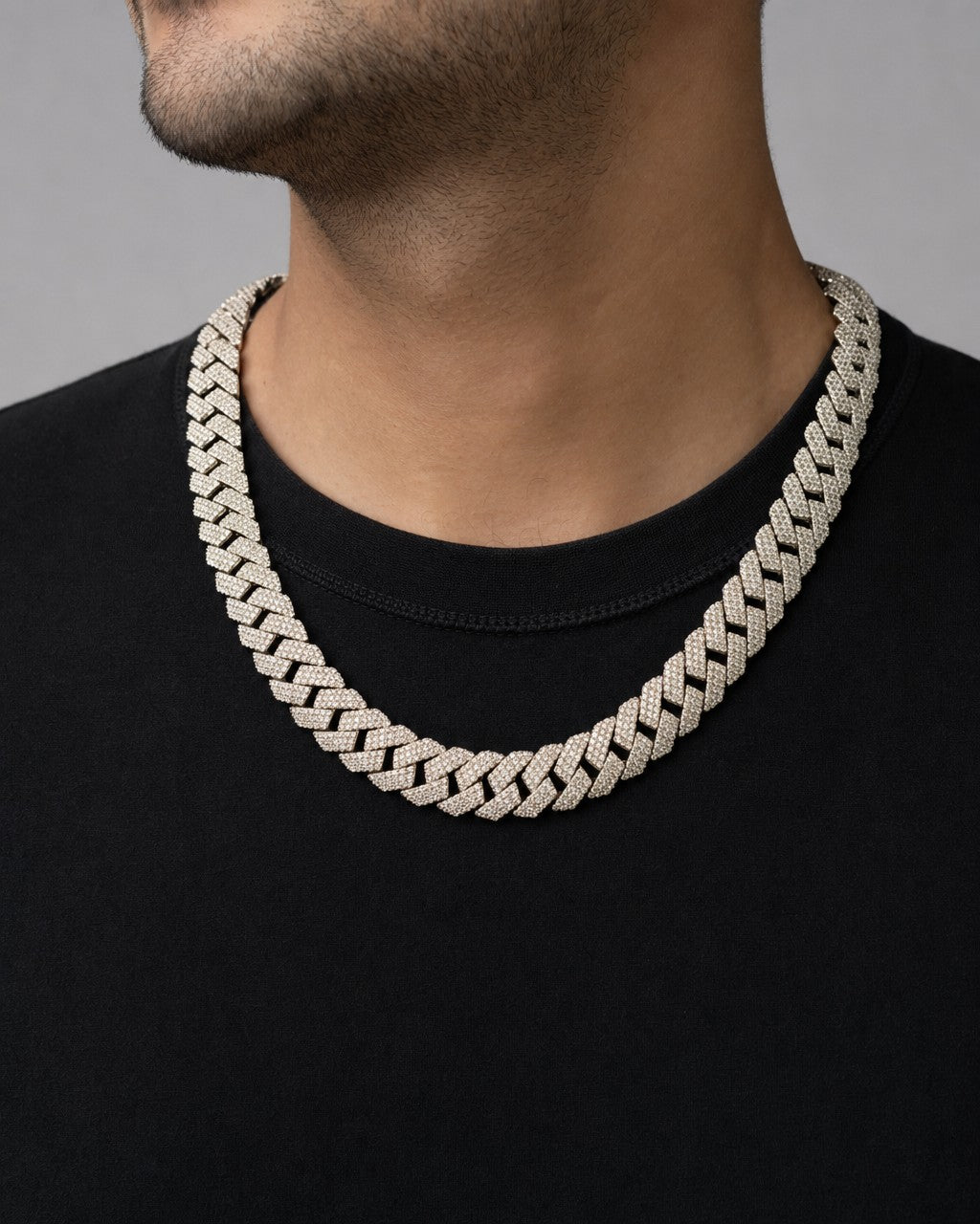 Male model wearing 14k White Gold Jumbo Diamond Cuban Chain 15.7mm