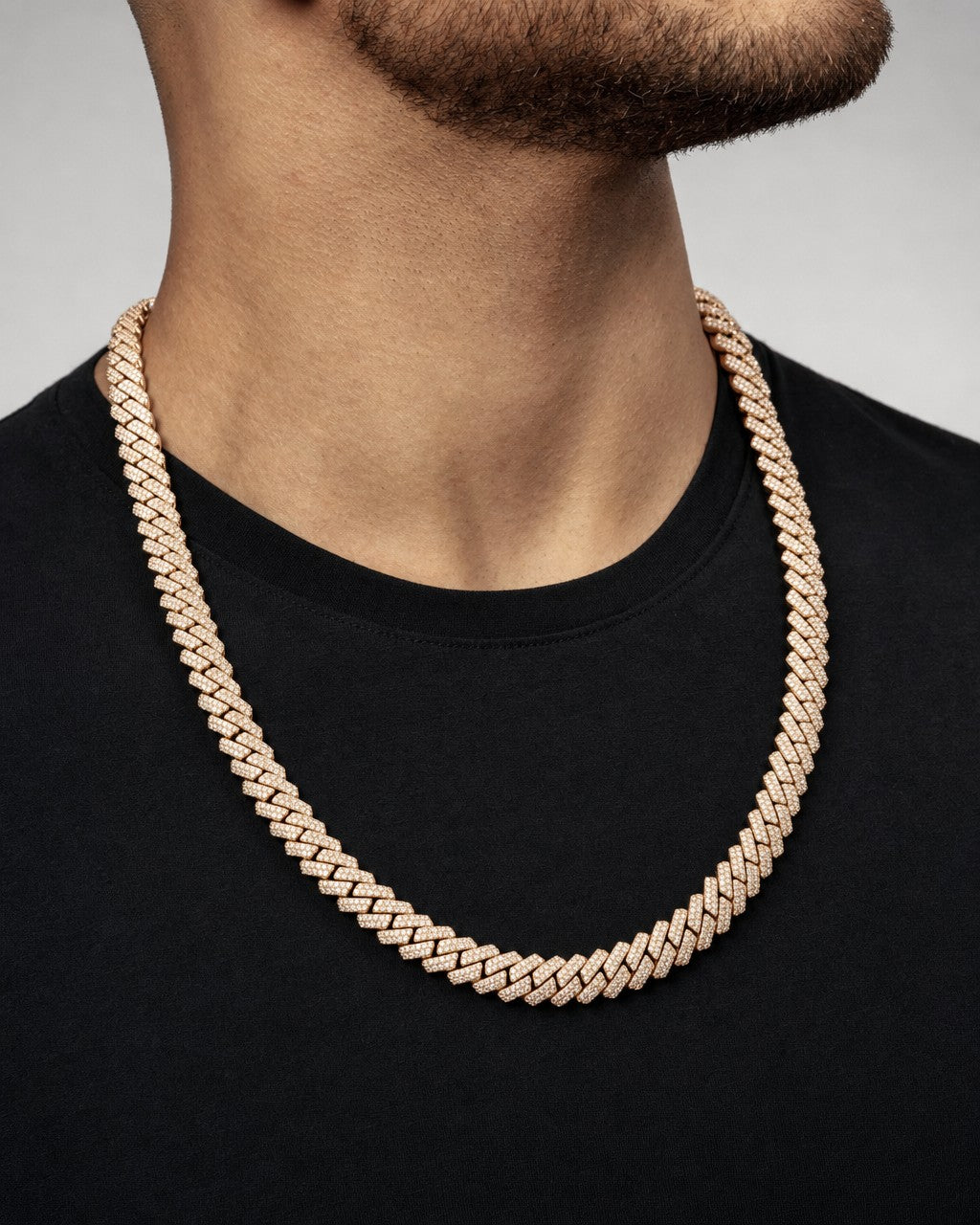 Male model wearing 14k Rose Gold Jumbo Diamond Cuban Chain 12mm