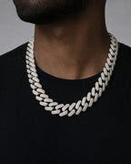 Male model wearing 14k White Gold Jumbo Diamond Cuban Chain 20mm