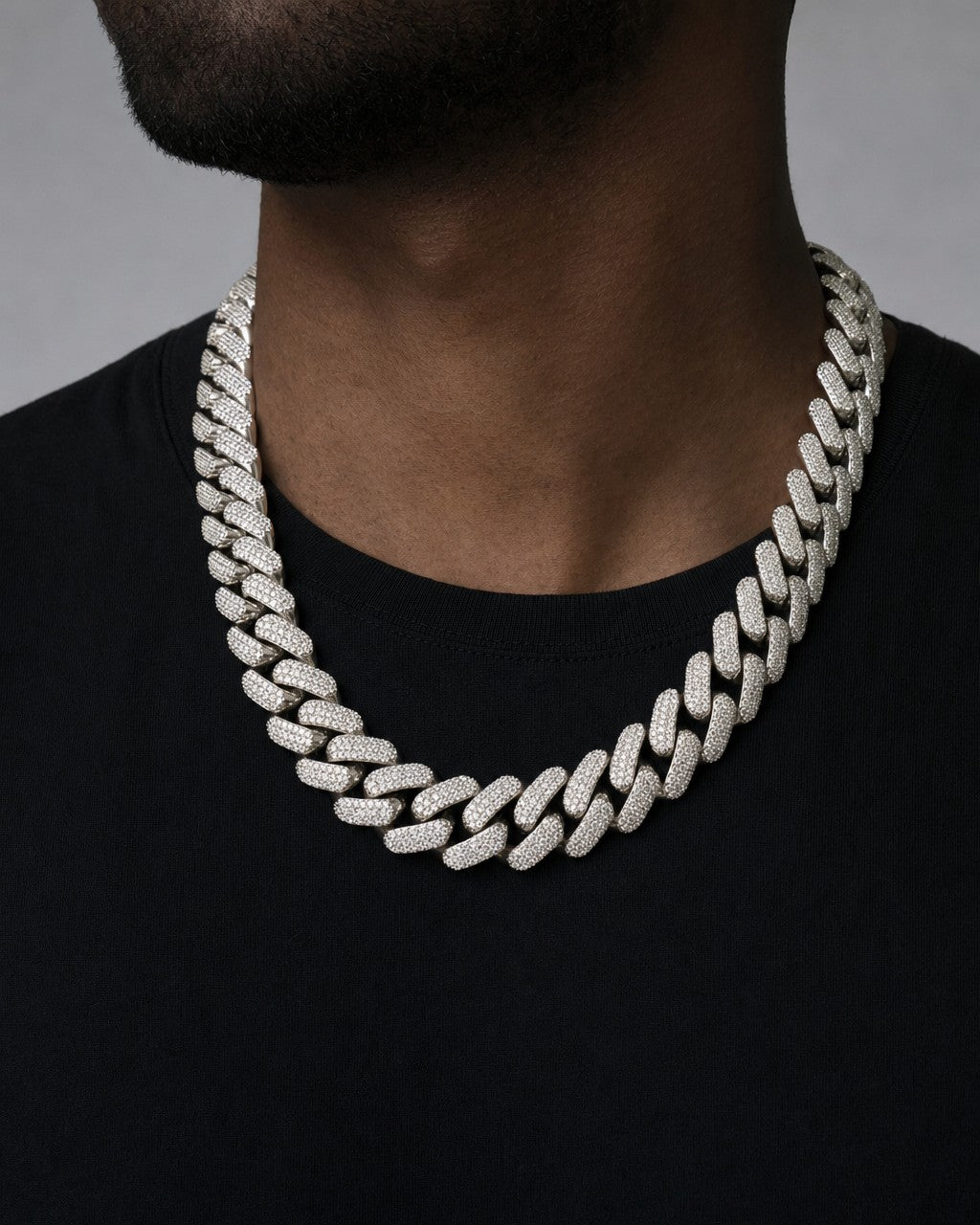 Male model wearing 14k White Gold Jumbo Diamond Cuban Chain 20mm