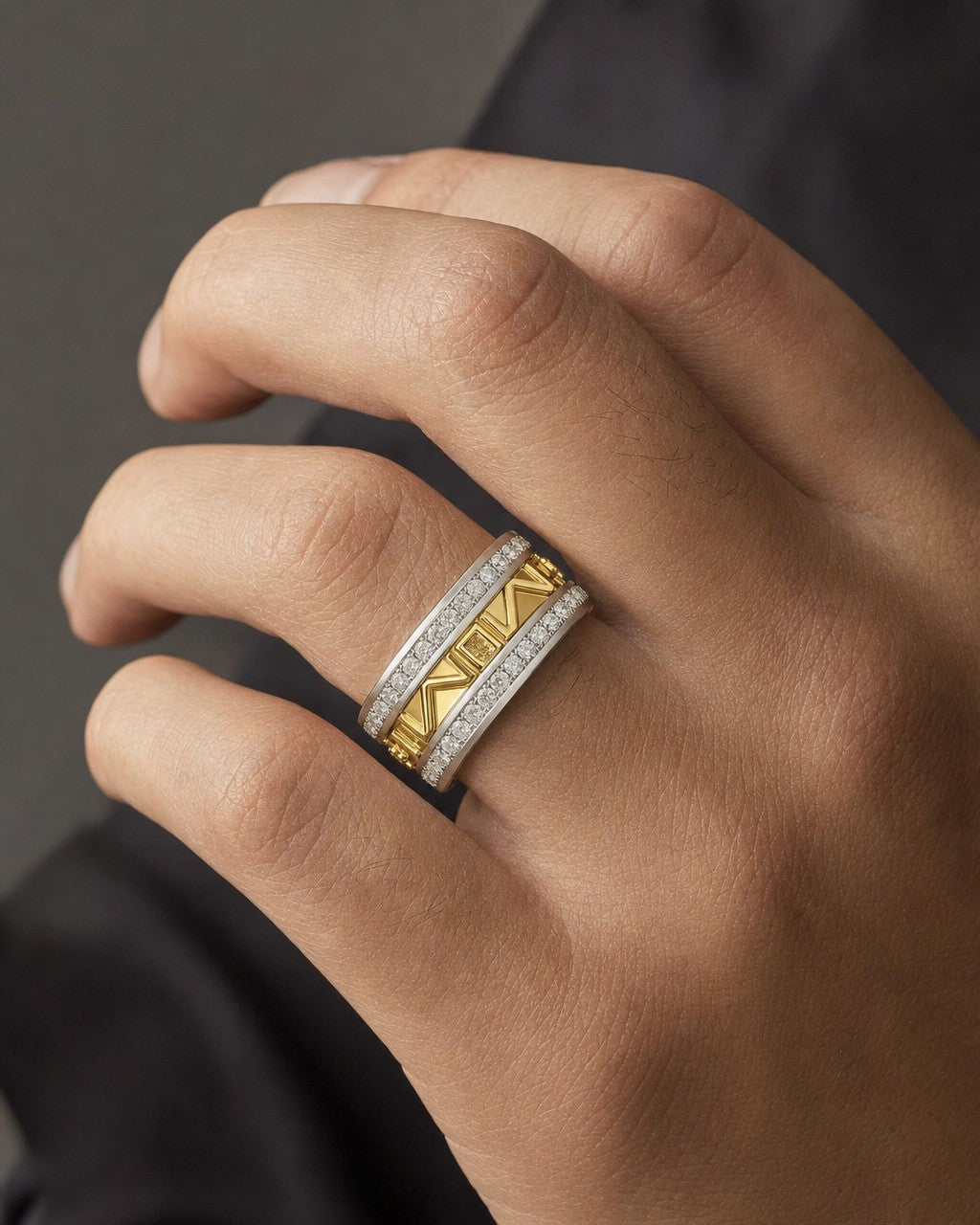 Male model wearing 14k Custom Roman Numeral Date Ring Band