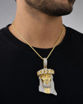 Male model wearing 14k Custom Jumbo Cuban Link Jesus Head Pendant
