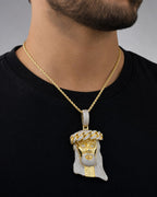 Male model wearing 14k Custom Jumbo Cuban Link Jesus Head Pendant