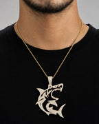 Male model wearing 14k Jumbo Great White Shark Pendant
