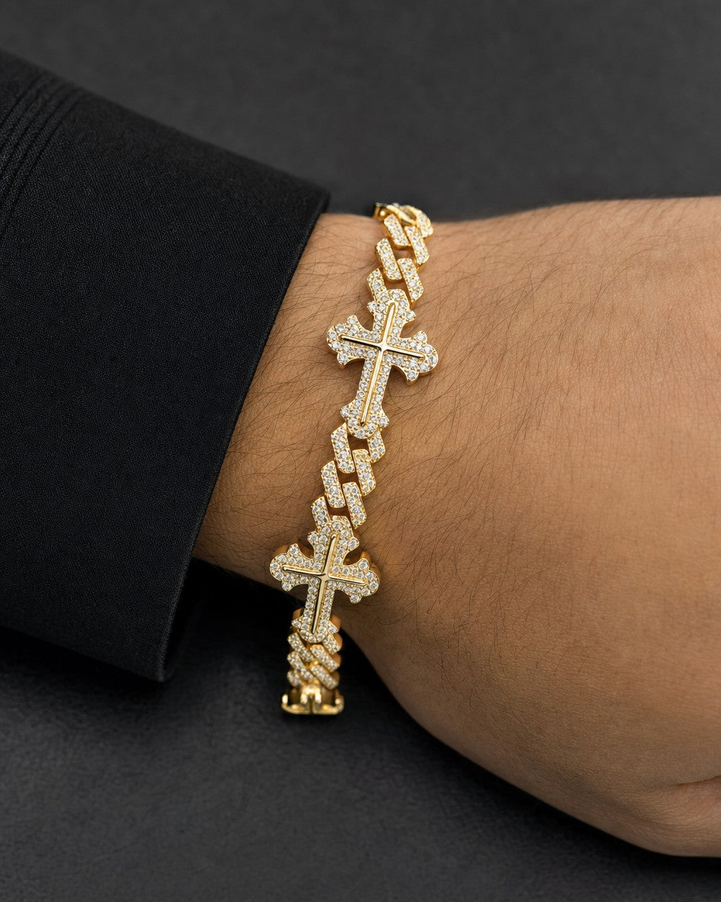 Male model wearing 10K Diamond Cuban Link with Crosses Bracelet