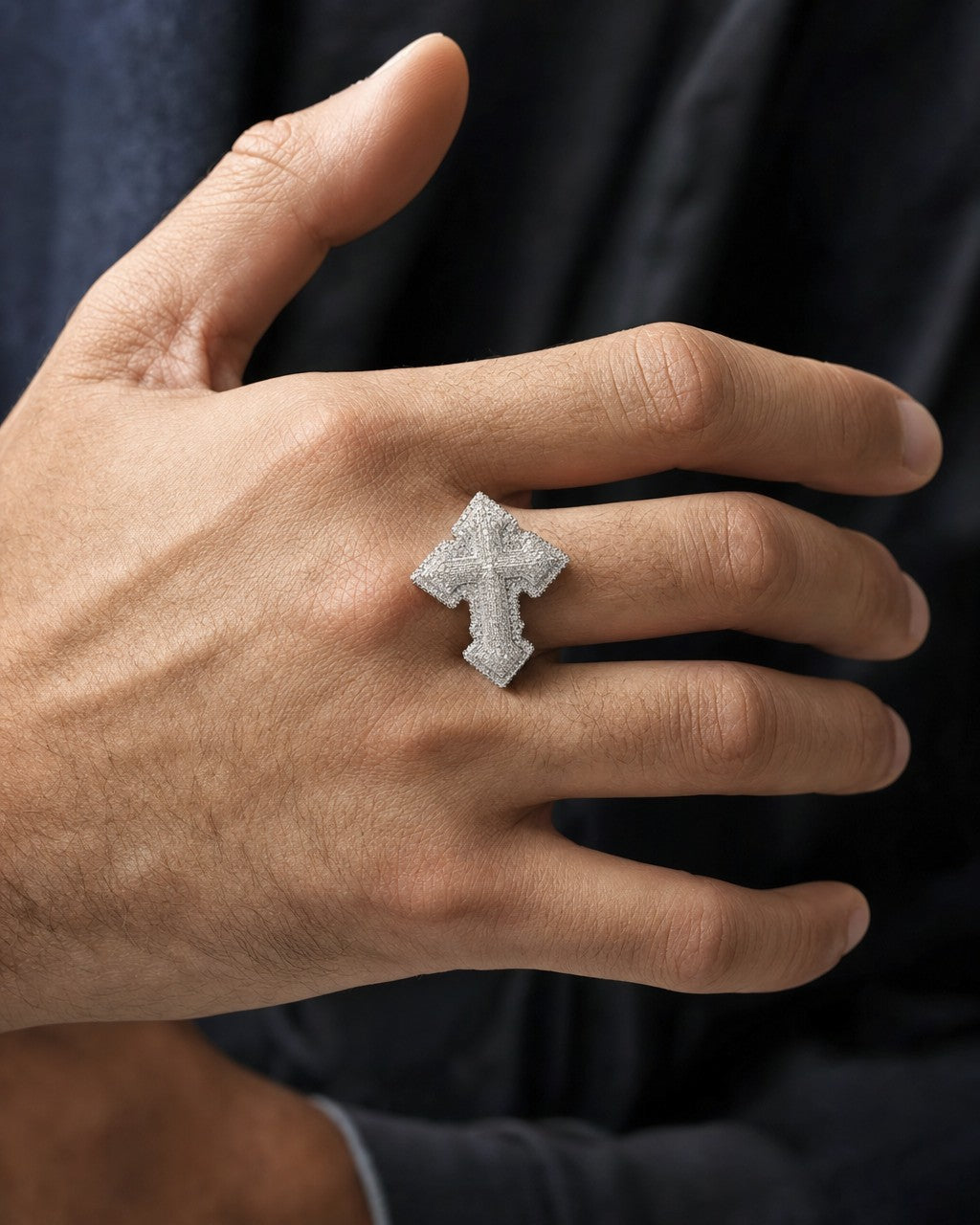 Male model wearing 10K Diamond Layered Cross Ring