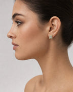 Female model wearing 10K Double Layer Rectangle Earrings