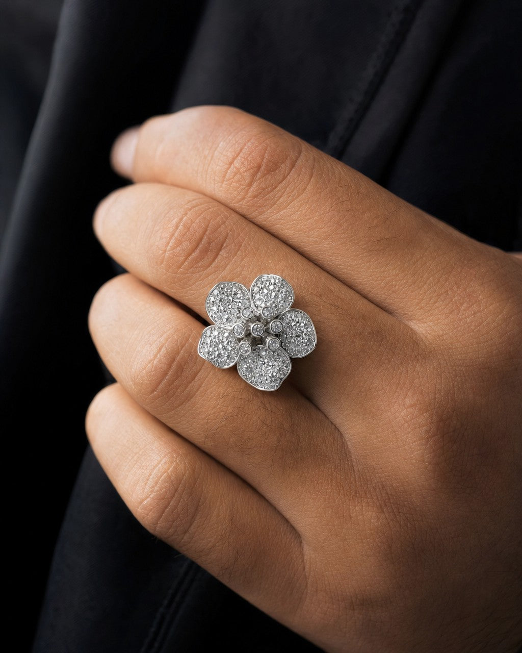 Male model wearing 18K Flower Pearl Diamond Cuff Ring