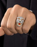 Male model wearing 14K White Tiger Enamel Diamond Ring
