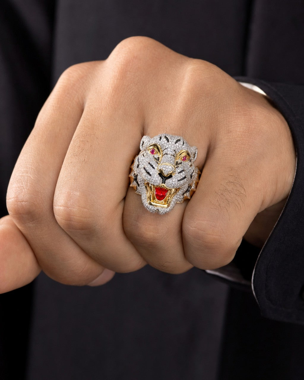 Male model wearing 14K White Tiger Enamel Diamond Ring