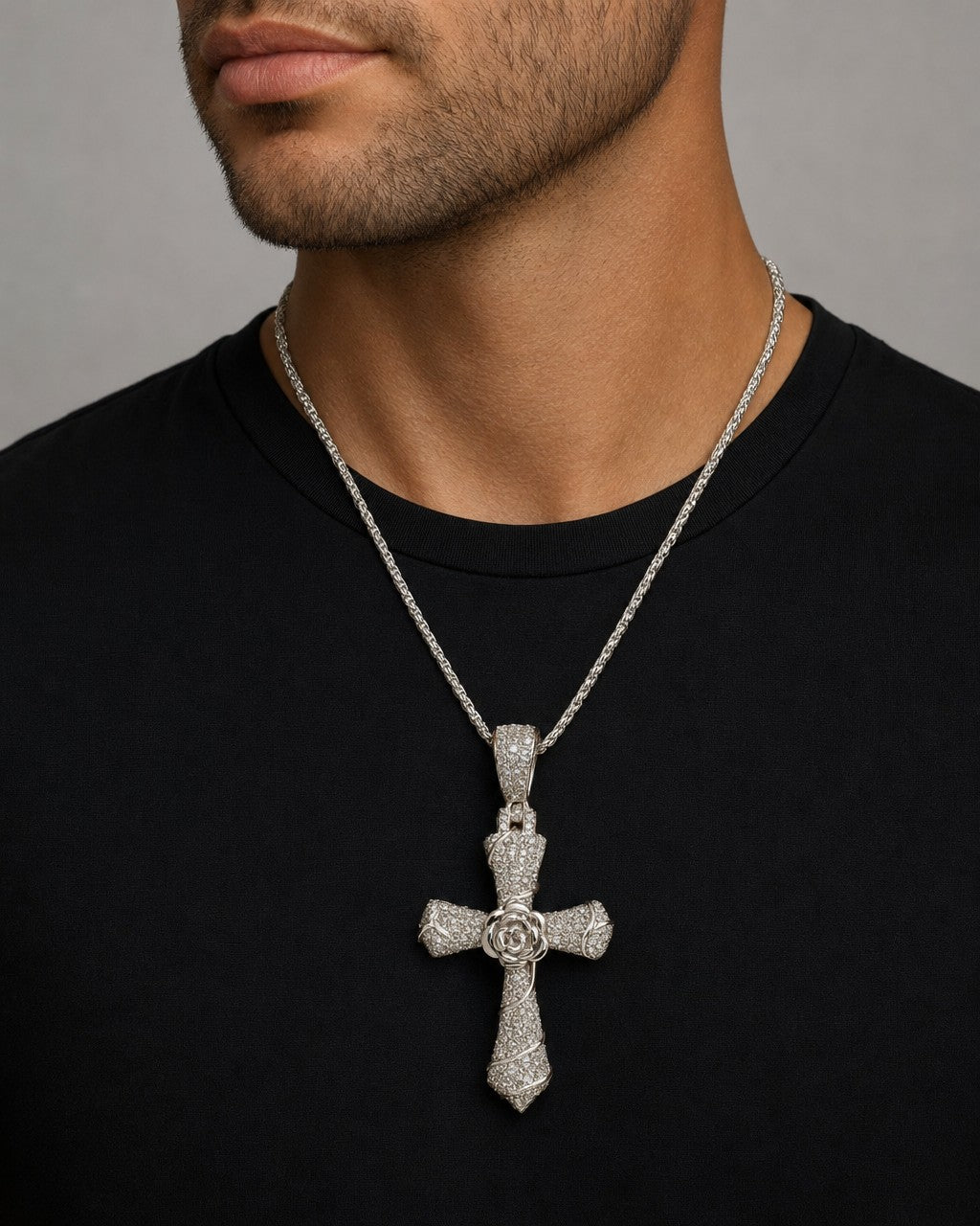 Male model wearing 14k La Rosa Cross Pendant