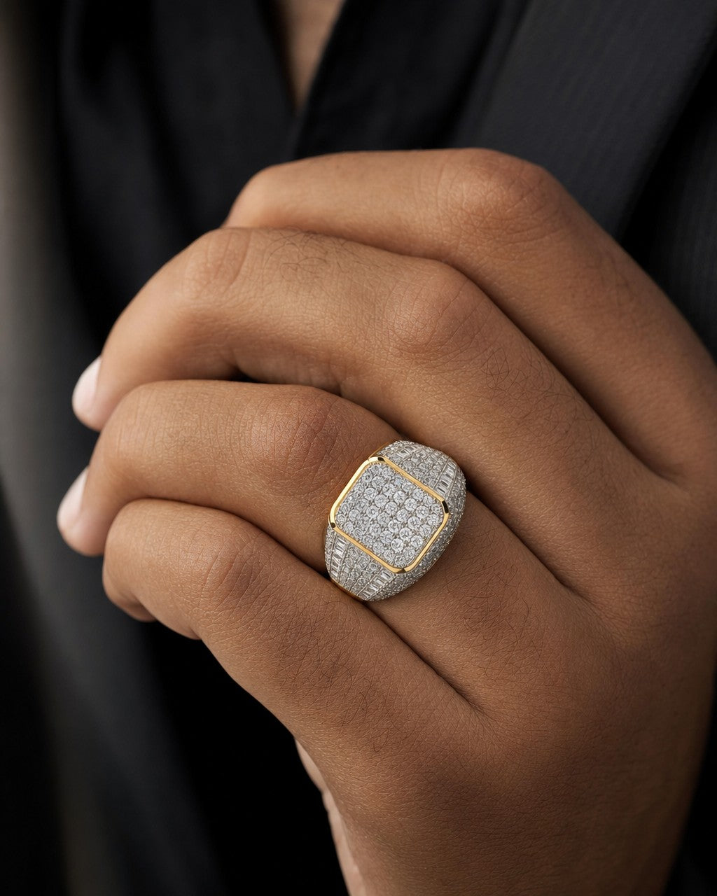Male model wearing 14K Chunky Diamond Platter Ring