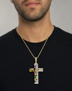 Male model wearing 14K Colorful Diamond Cross Pendant