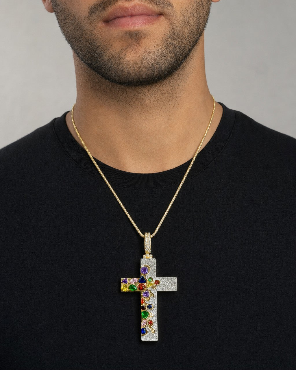 Male model wearing 14K Colorful Diamond Cross Pendant