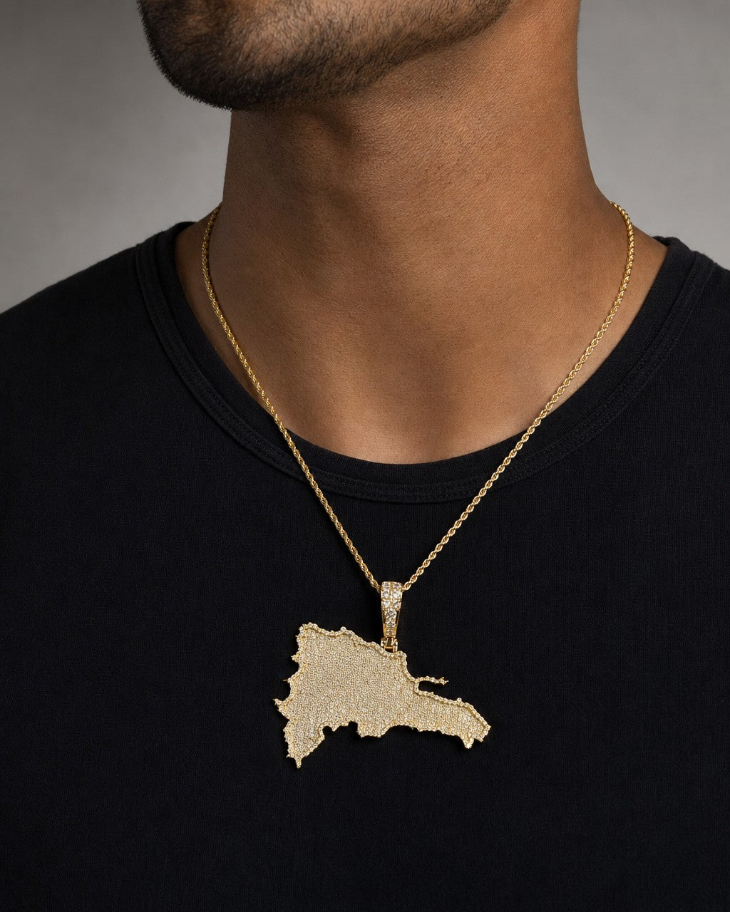 Male model wearing 14k Dominican Republic Pendant