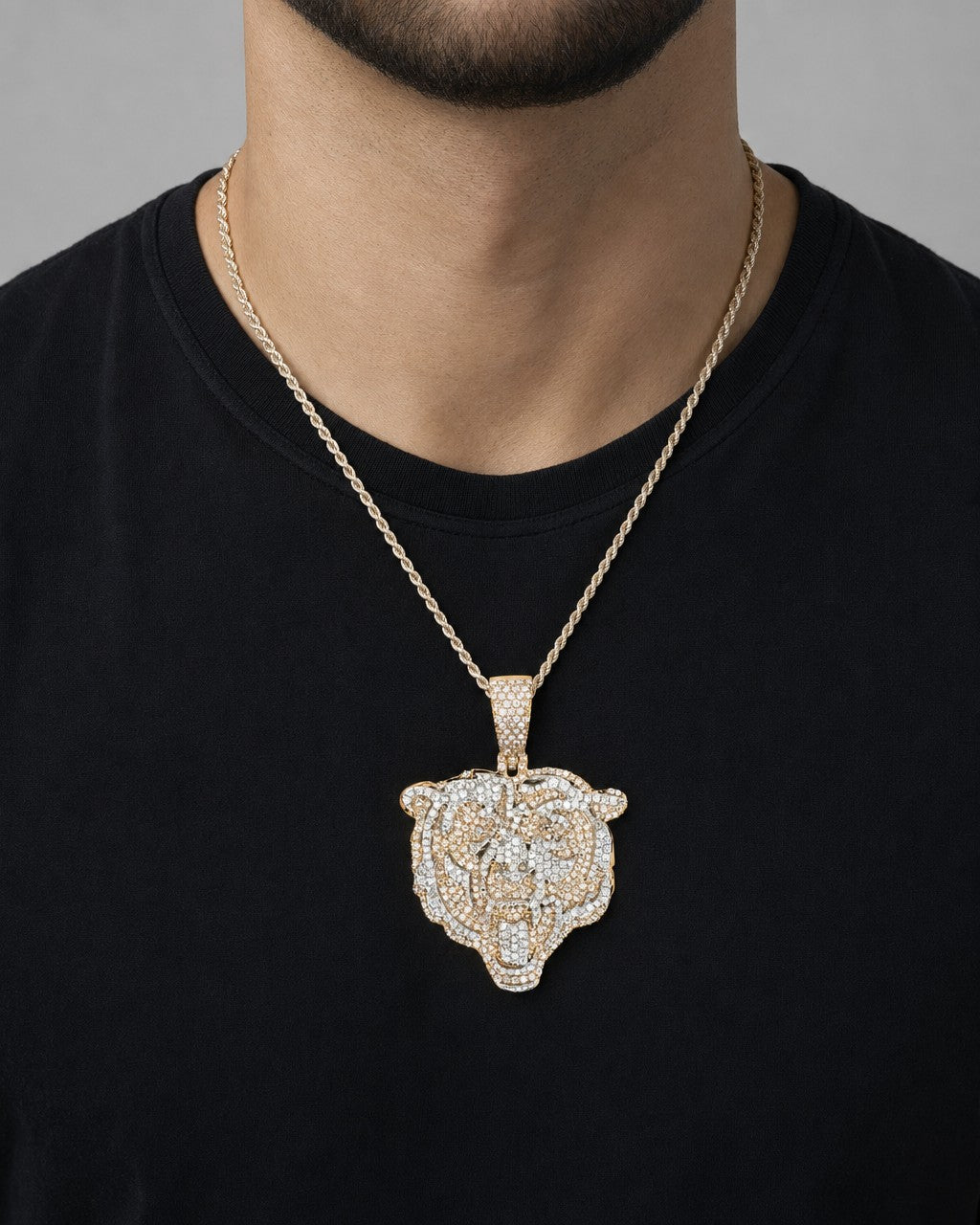 Male model wearing 10K Bear Head Custom Pendant