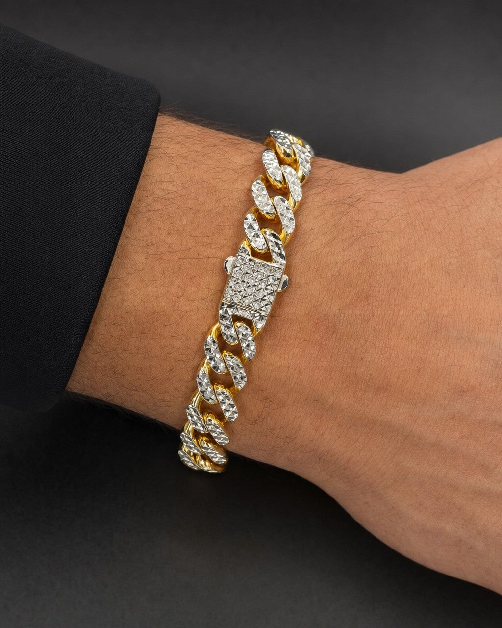 Male model wearing 14k Diamond Cut Cuban Bracelet