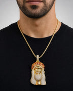 Male model wearing Jumbo Red Garnet Crown Jesus Head Pendant