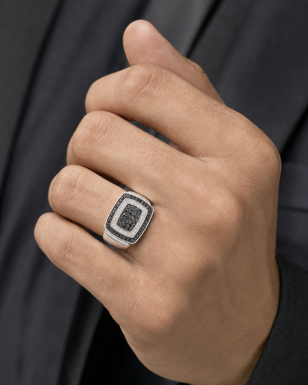 Male model wearing 10k Black Diamond Layer Ring