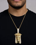 Male model wearing 14k Jumbo Thorn Crown Jesus Pendant