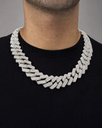 Male model wearing 14K White Gold Jumbo 27mm Diamond Cuban Chain