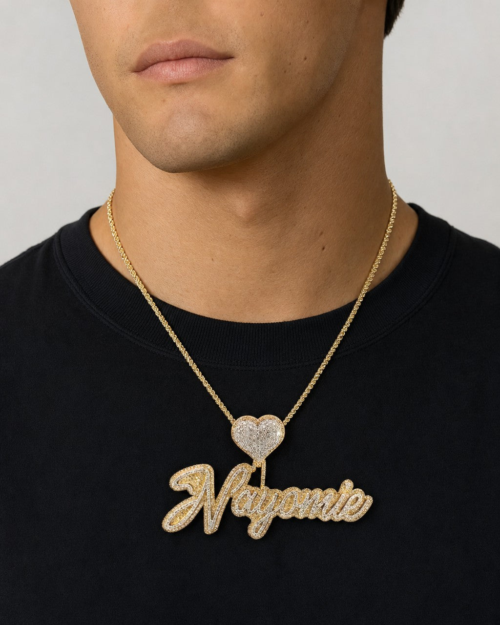 Male model wearing Nayomie Custom Name Pendant