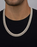 Male model wearing 14K Iced Out 14MM 22I Miami Cuban Chain