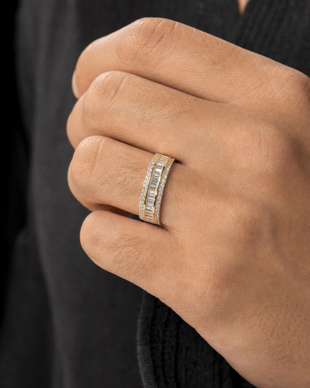 Male model wearing 14K Single Row Baguette Ring
