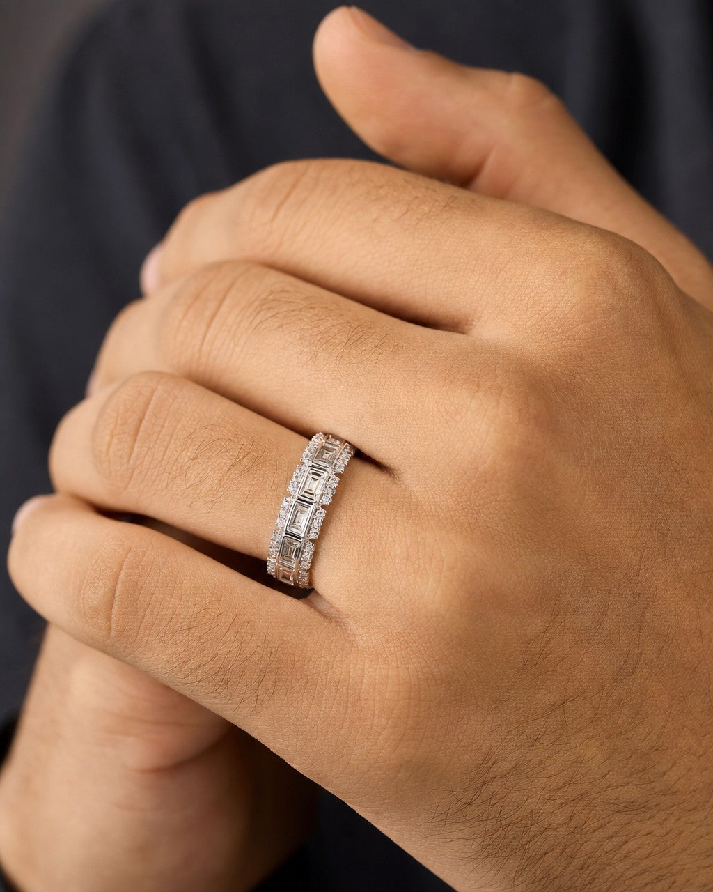 Male model wearing 14K Square Style Baguette Ring